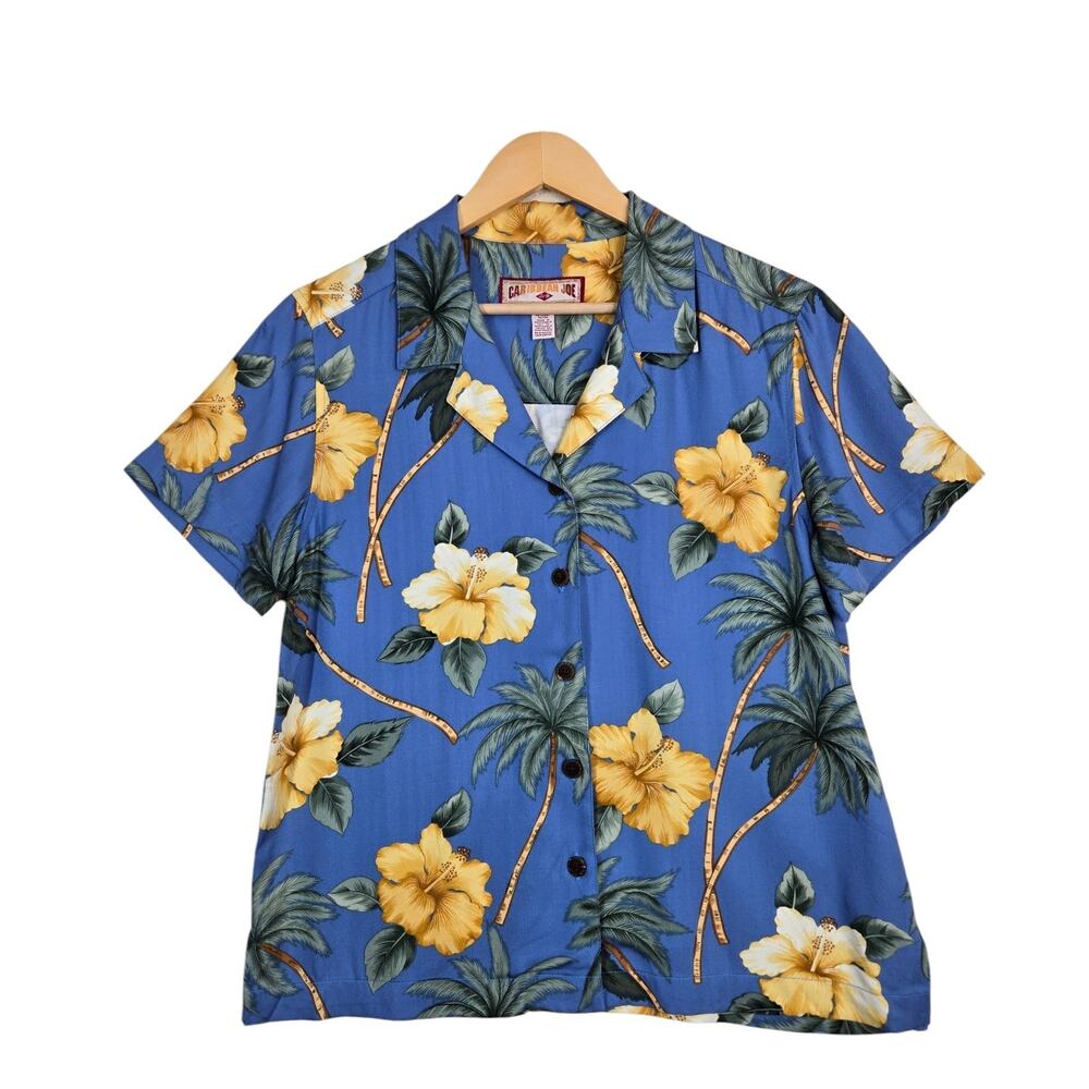 Y2K Caribbean Joe Hawaiian Camp Shirt Womens M Blue Hibiscus Palm Rayon Resort
